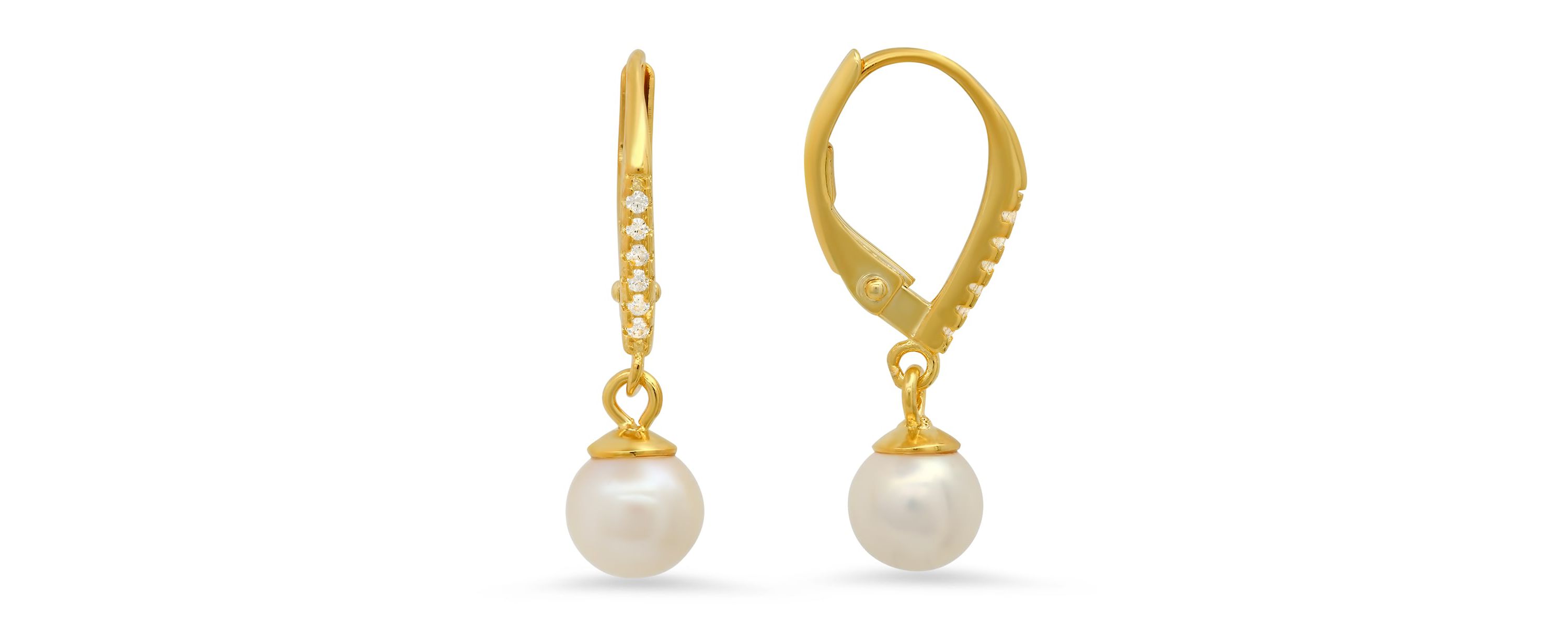 Lab Created Sterling Silver Pearl & CZ Dangling Leverback Earrings