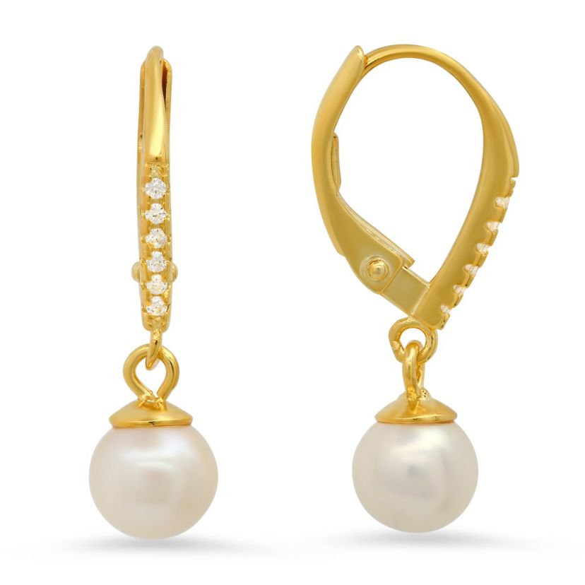 Lab Created Sterling Silver Pearl & CZ Dangling Leverback Earrings