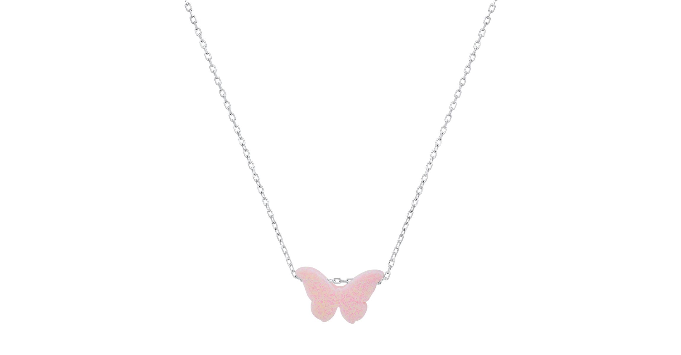 Lab Created Sterling Silver Pink Opal Butterfly Necklace