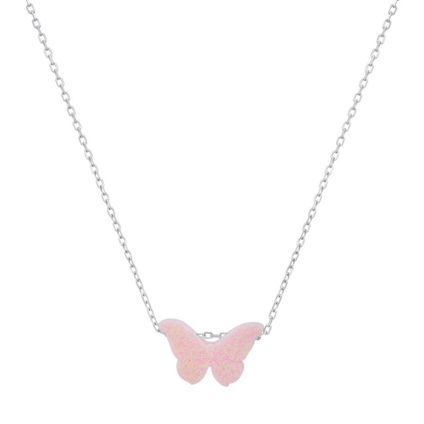 Lab Created Sterling Silver Pink Opal Butterfly Necklace