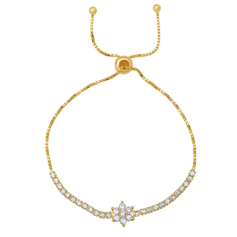 Lab Created 14k Gold Over Silver Floral CZ Adjustable Bracelet