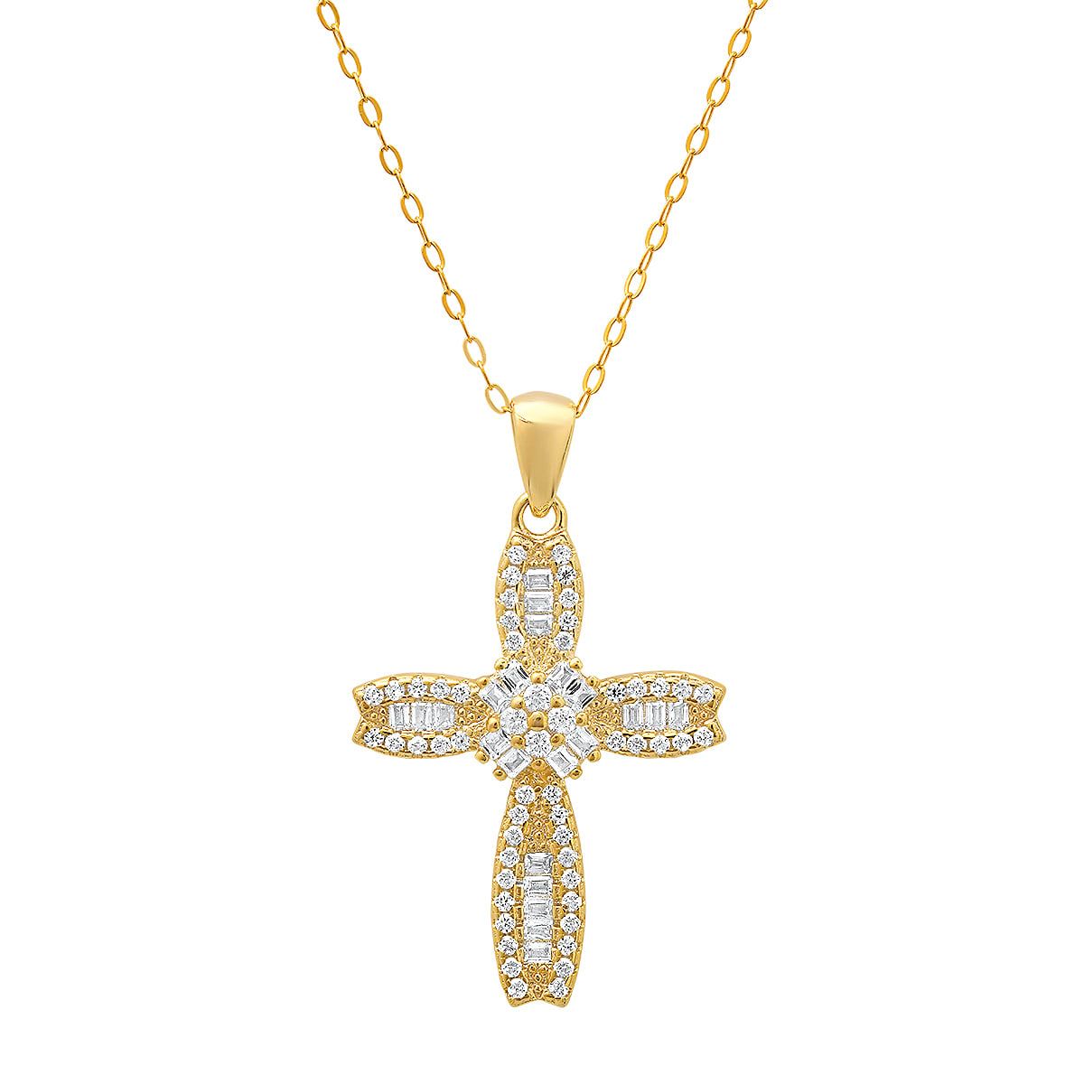 Lab Created 14k Gold Over Silver Petite Luxurious Baguette-cut CZ Cross Pendant