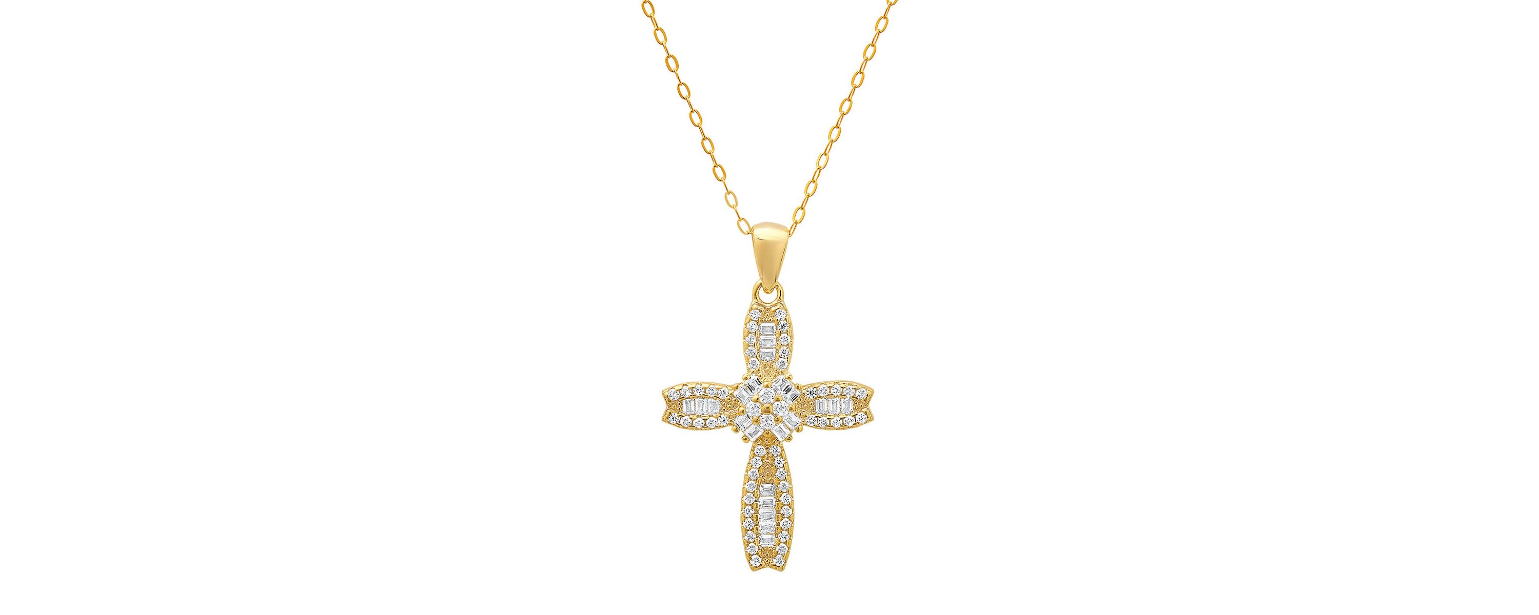 Lab Created 14k Gold Over Silver Petite Luxurious Baguette-cut CZ Cross Pendant