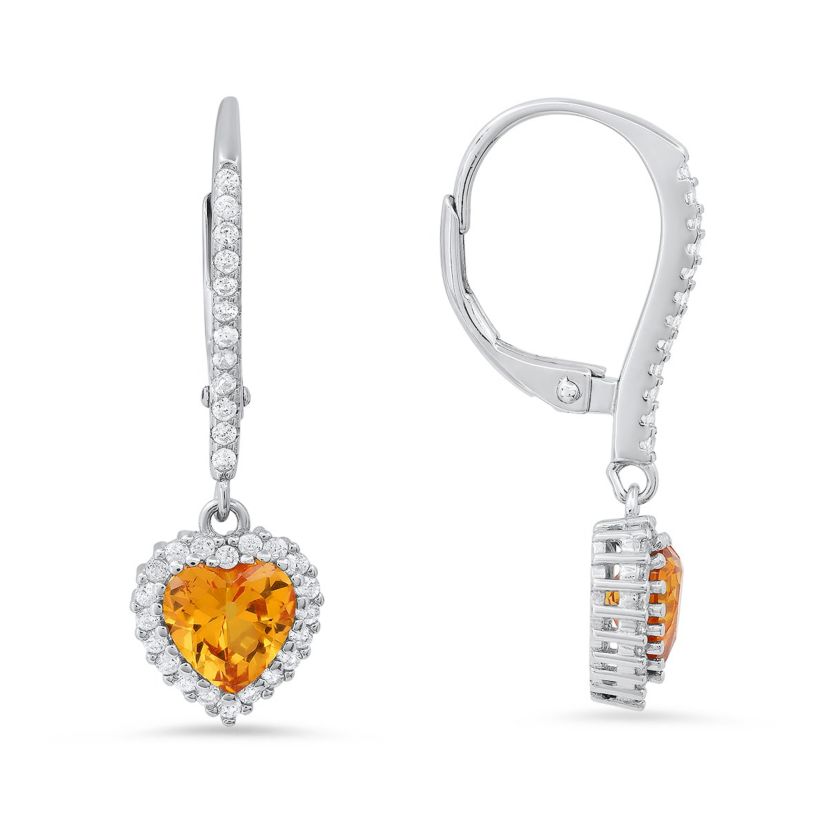 Lab Created Sterling Silver Heart-cut Birthstone CZ Halo Leverback Earrings
