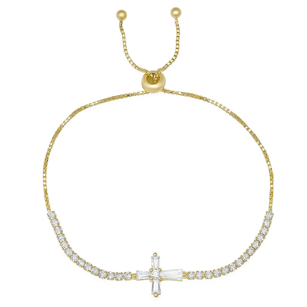 Lab Created 14k Gold Over Silver Baguette CZ Cross Adjustable Bracelet