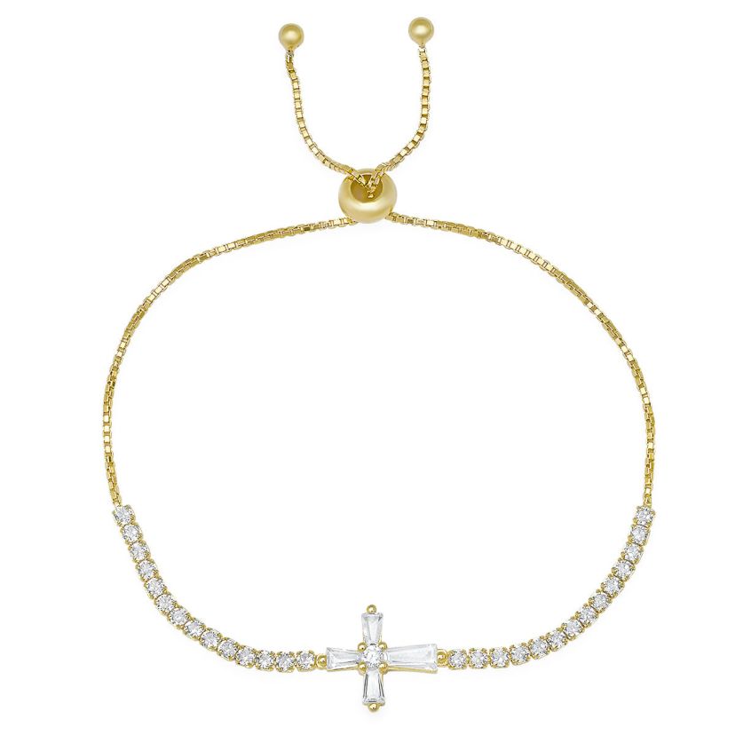 Lab Created 14k Gold Over Silver Baguette CZ Cross Adjustable Bracelet