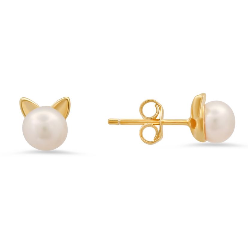 Lab Created Sterling Silver Kitty Cat Pearl Stud Earrings