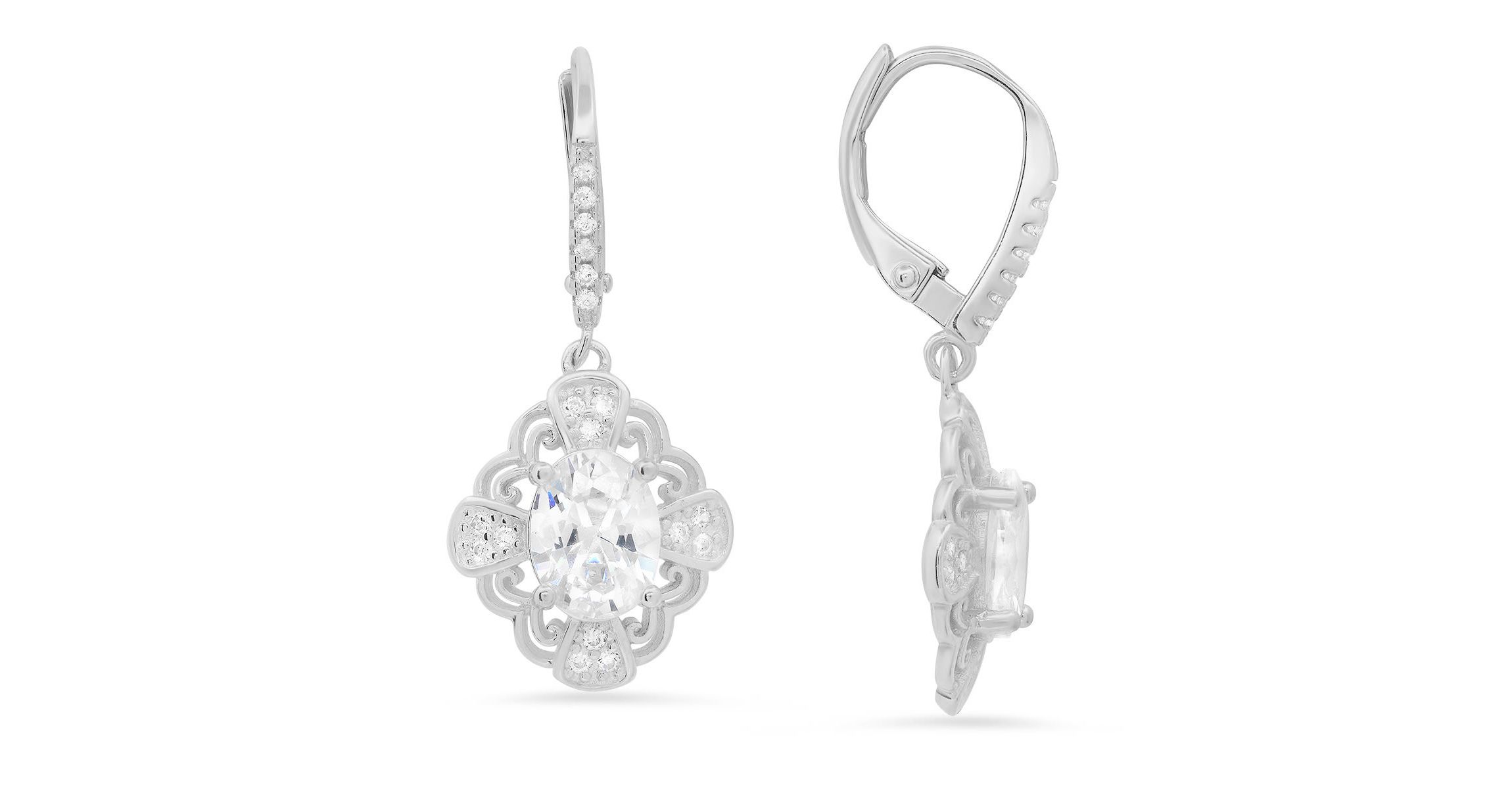Lab Created Sterling Silver Vintage Filigree CZ Leverback Earrings