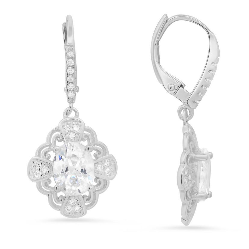 Lab Created Sterling Silver Vintage Filigree CZ Leverback Earrings