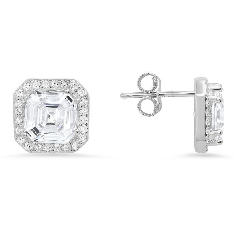 Lab Created Sterling Silver Asscher-cut Halo Stud Earrings