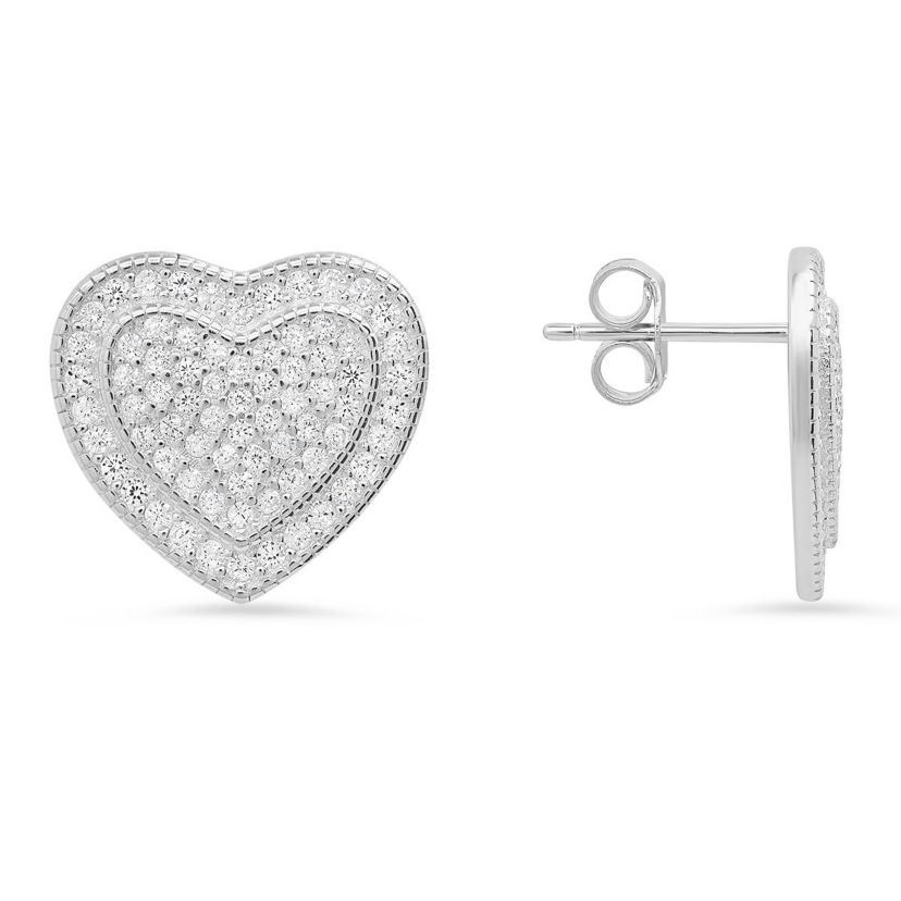 Lab Created Sterling Silver Pave CZ Heart Stud Earrings
