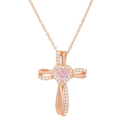 Kylie Harper Lab Created 14k Rose Gold Over Silver Heart Pink CZ Cross Pendant