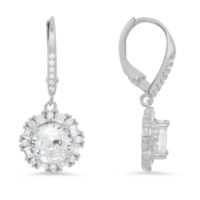 Kylie Harper Lab Created Sterling Silver Round and Baguette CZ Halo Leverback Earrings