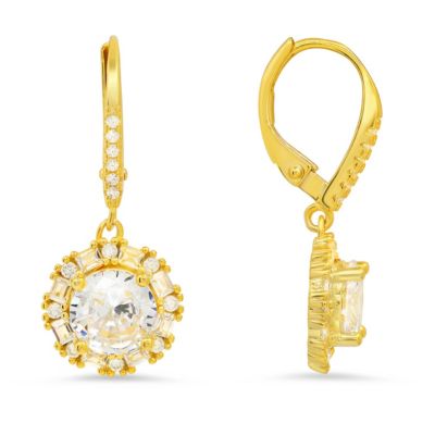 Kylie Harper Lab Created Sterling Silver Round and Baguette CZ Halo Leverback Earrings