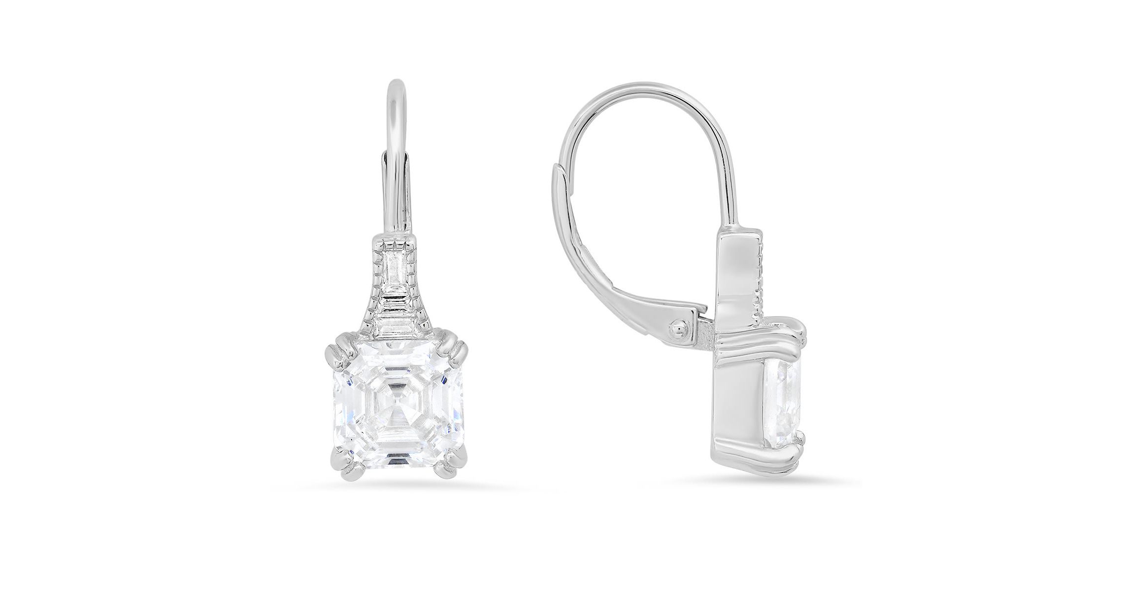 Lab Created Sterling Silver Vintage Asscher-cut CZ Leverback Earrings