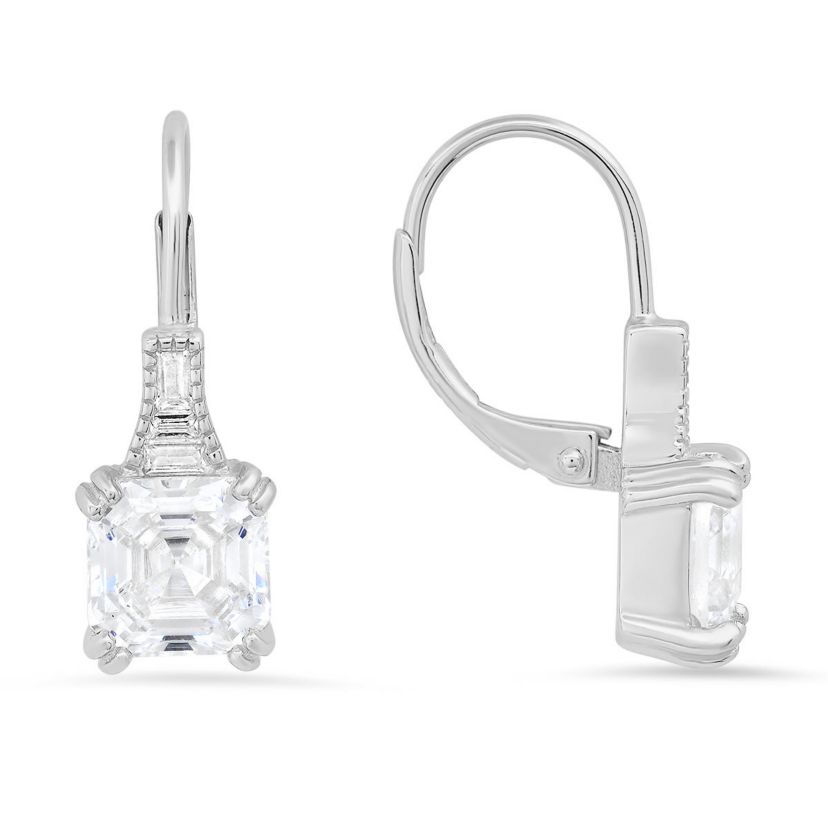 Lab Created Sterling Silver Vintage Asscher-cut CZ Leverback Earrings