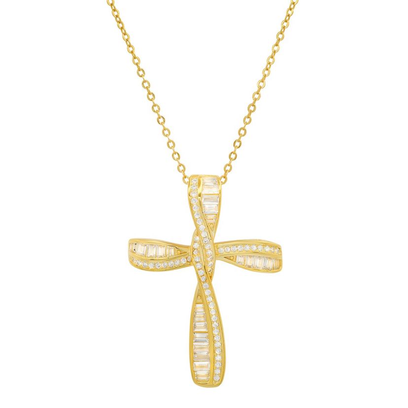 Lab Created 14k Gold Over Silver Baguette CZ Cross Pendant