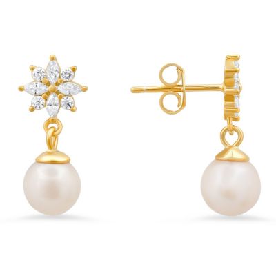 Lab Created Sterling Silver Dangling Floral CZ & Pearl Stud Earrings