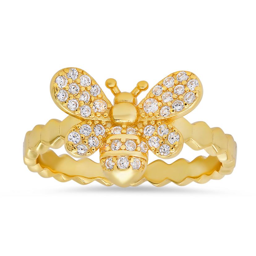 Lab Created 14k Yellow Gold Over Silver CZ Bumble Bee Ring