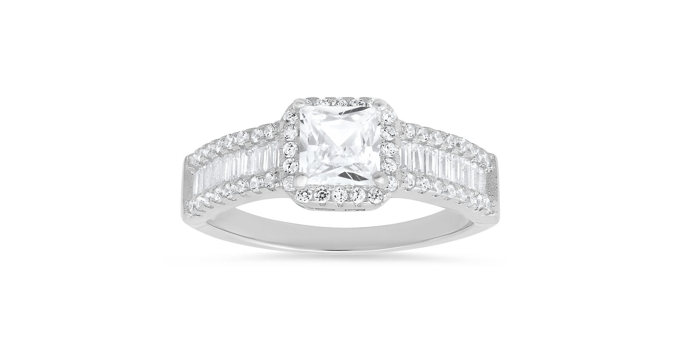 Lab Created Sterling Silver Princess & Baguette-cut CZ Halo Ring