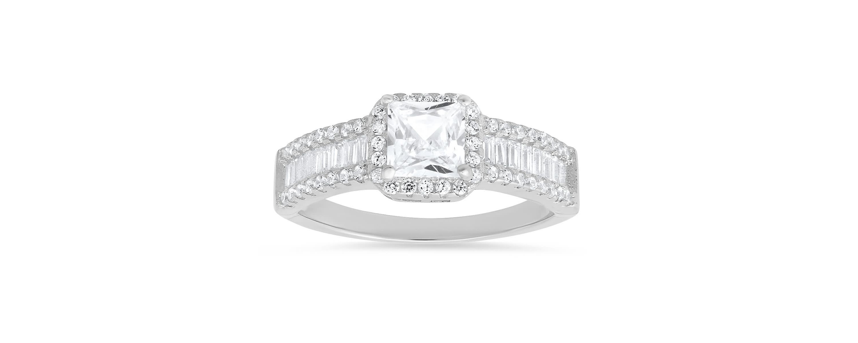 Lab Created Sterling Silver Princess & Baguette-cut CZ Halo Ring