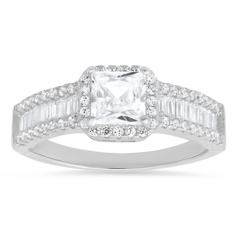 Lab Created Sterling Silver Princess & Baguette-cut CZ Halo Ring