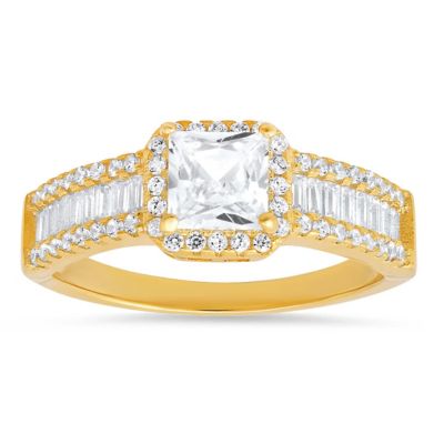 Lab Created Sterling Silver Princess & Baguette-cut CZ Halo Ring