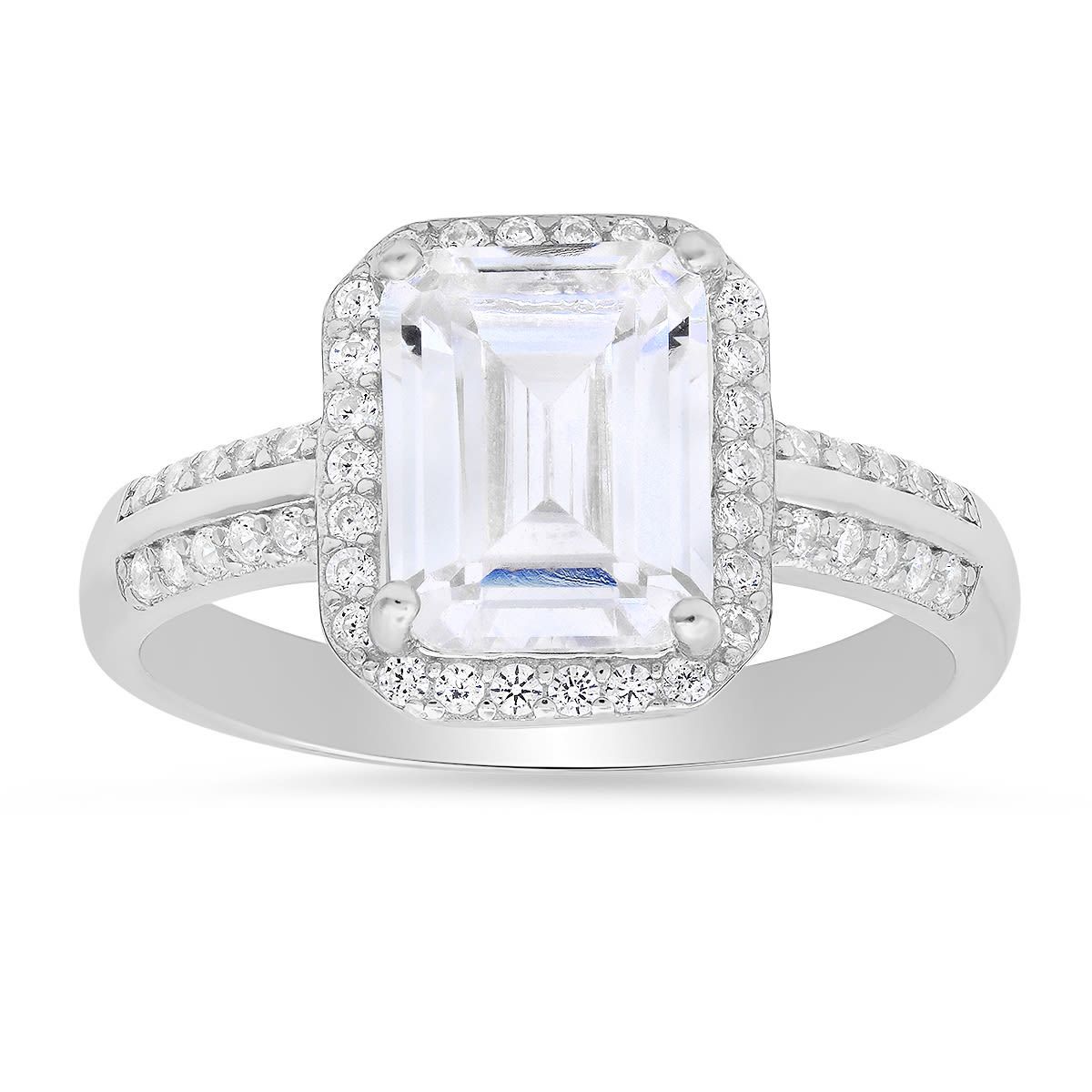 Lab Created Sterling Silver Emerald-cut Halo CZ Ring