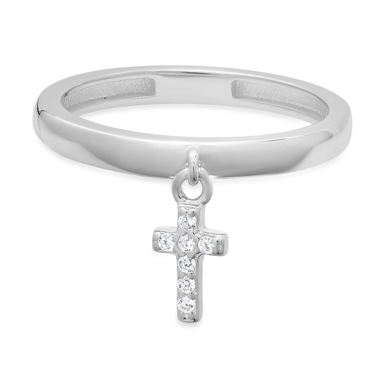 Lab Created Sterling Silver Dangling Petite Cross CZ Ring