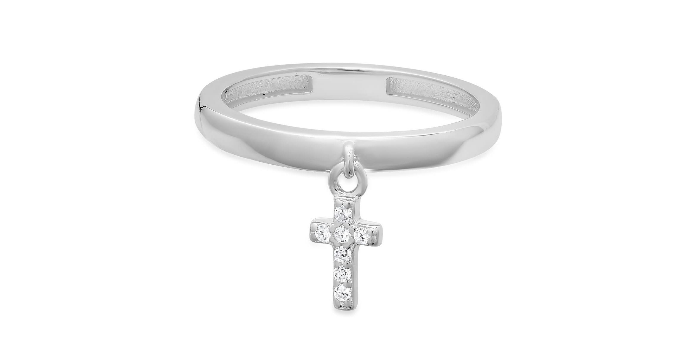 Lab Created Sterling Silver Dangling Petite Cross CZ Ring