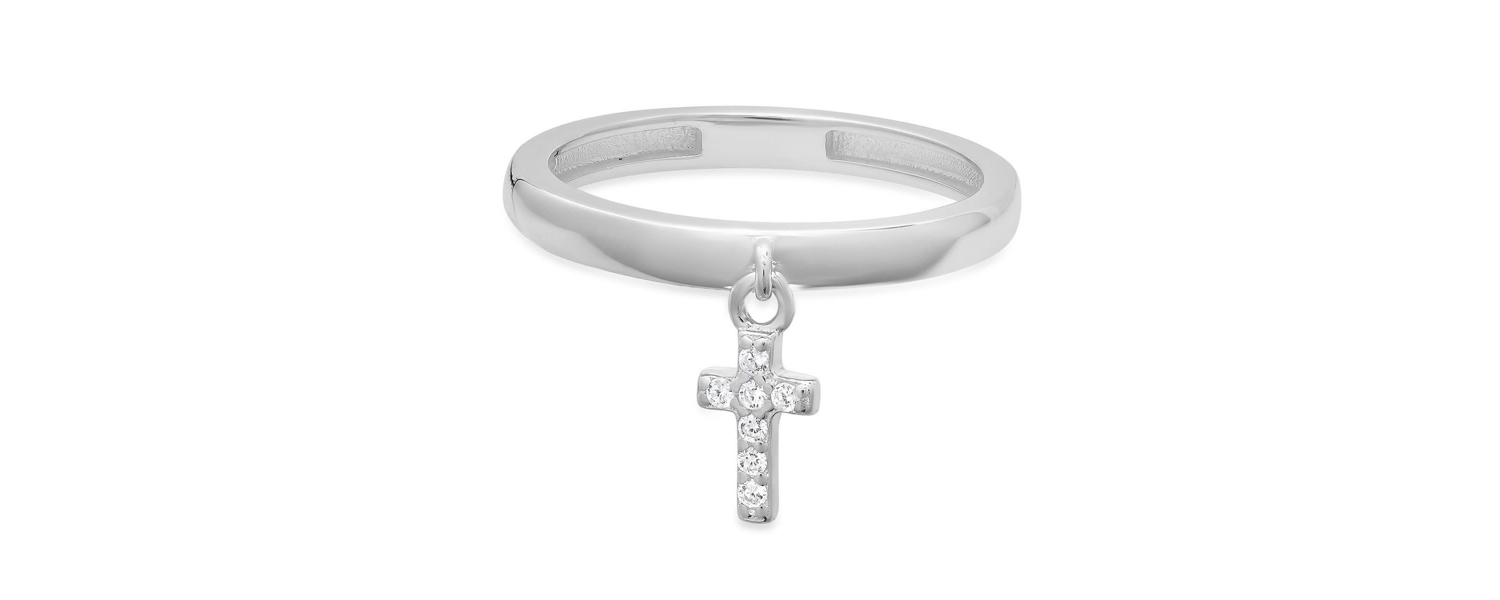 Lab Created Sterling Silver Dangling Petite Cross CZ Ring