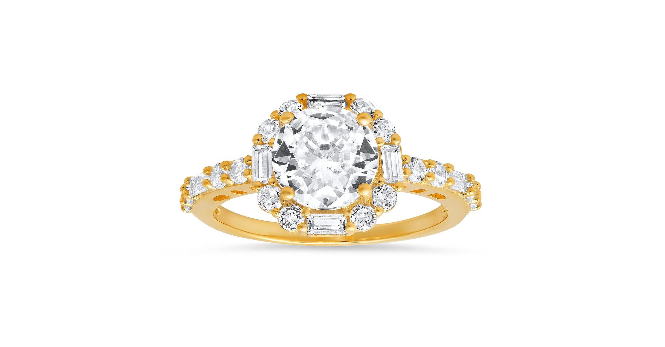 Lab Created Sterling Silver Round and Baguette-cut Halo CZ Ring