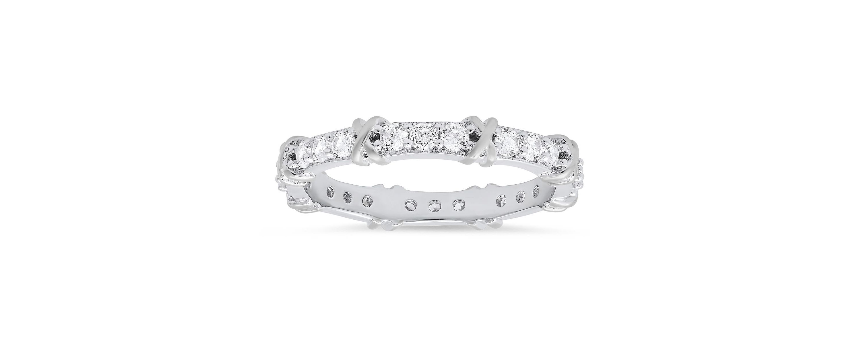 Lab Created Sterling Silver Round-cut CZ "X" Stackable Eternity Band Ring