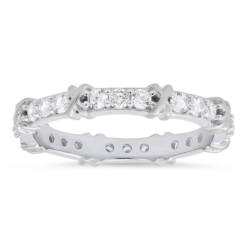 Lab Created Sterling Silver Round-cut CZ "X" Stackable Eternity Band Ring
