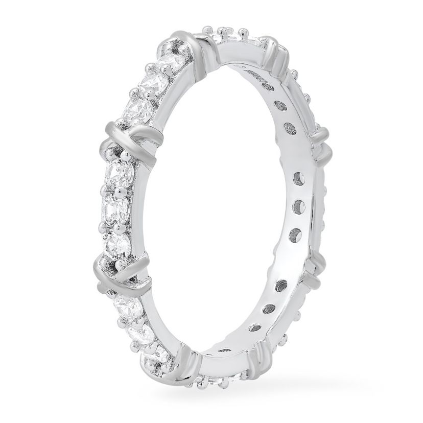 Lab Created Sterling Silver Round-cut CZ "X" Stackable Eternity Band Ring