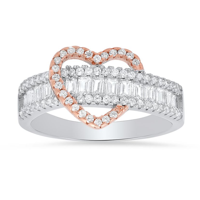 Lab Created Sterling Silver Two-Tone Baguette Heart CZ Ring