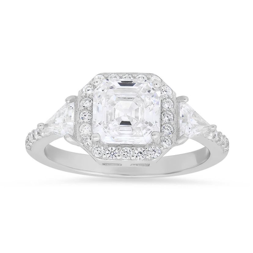Lab Created Sterling Silver Asscher-cut Halo CZ Ring