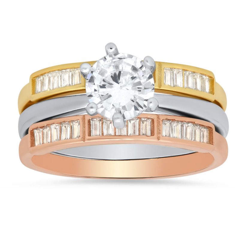 Lab Created Sterling Silver Tri-Color CZ 3pc Stackable Ring Set