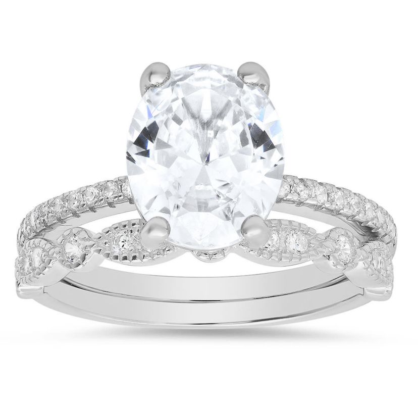 Lab Created Sterling Silver Oval-cut CZ 2pc Stackable Ring Set