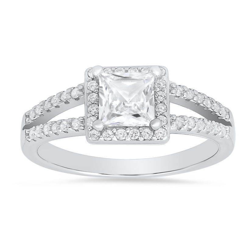 Lab Created Sterling Silver Princess-cut Halo CZ Ring
