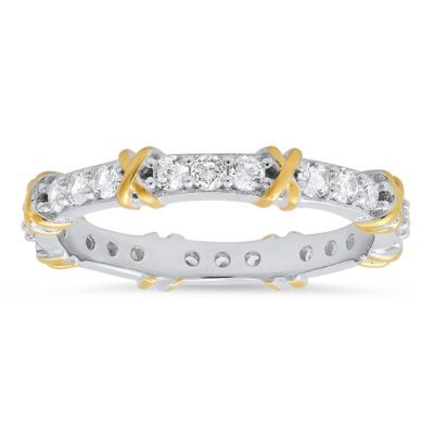 Kylie Harper Lab Created Sterling Silver Two-Tone Round-cut CZ "X" Stackable Eternity Band Ring