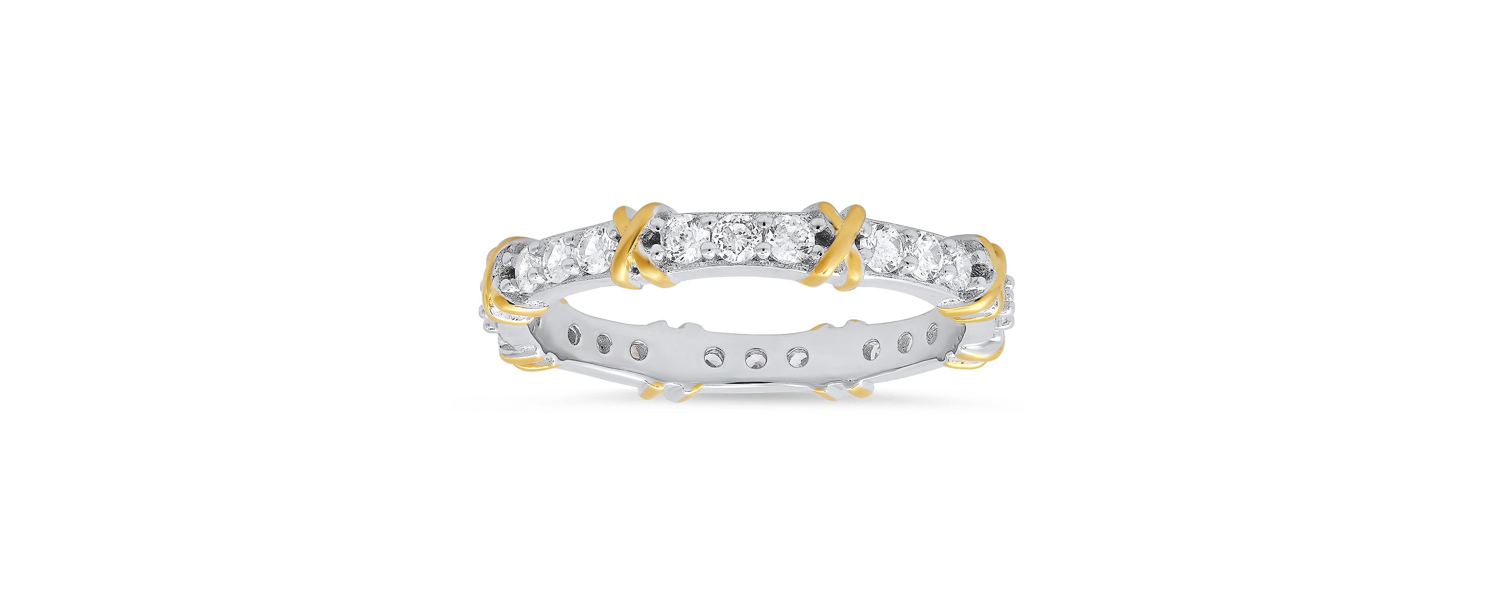 Lab Created Sterling Silver Two-Tone Round-cut CZ "X" Stackable Eternity Band Ring