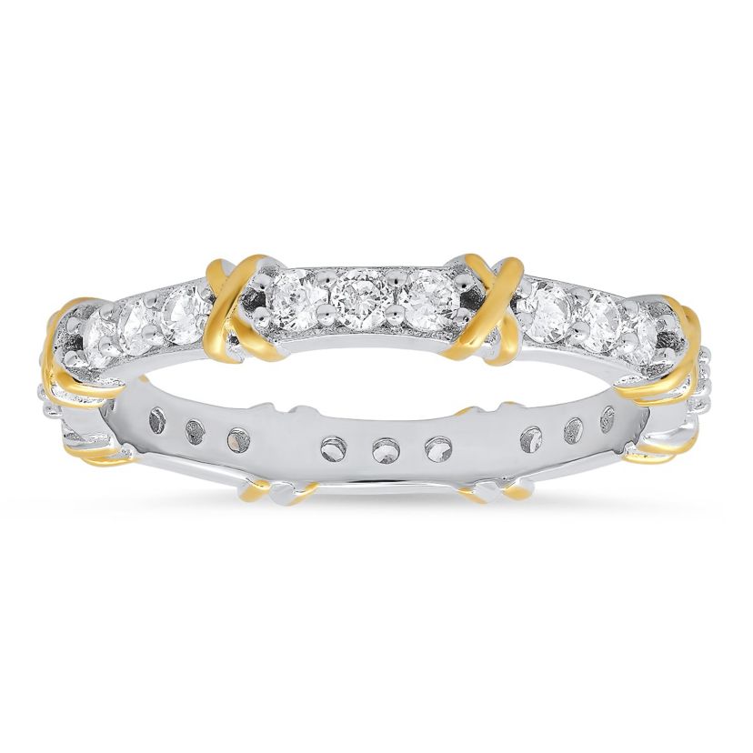 Lab Created Sterling Silver Two-Tone Round-cut CZ "X" Stackable Eternity Band Ring