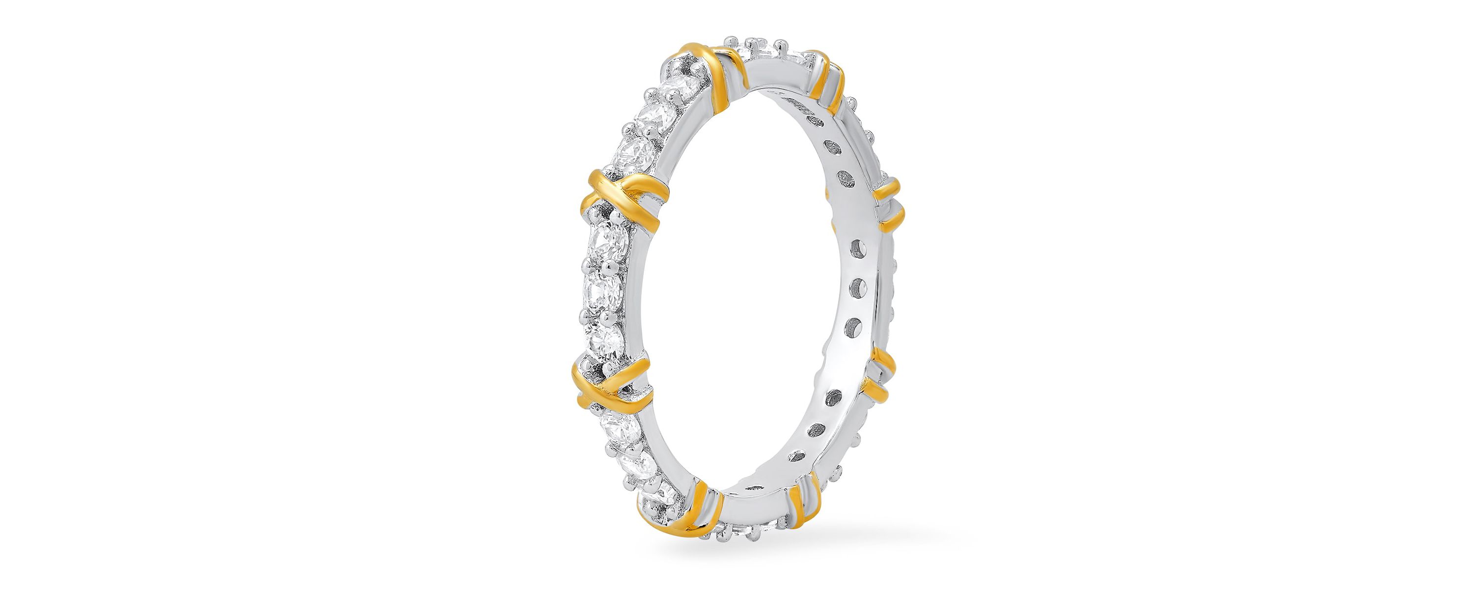 Lab Created Sterling Silver Two-Tone Round-cut CZ "X" Stackable Eternity Band Ring