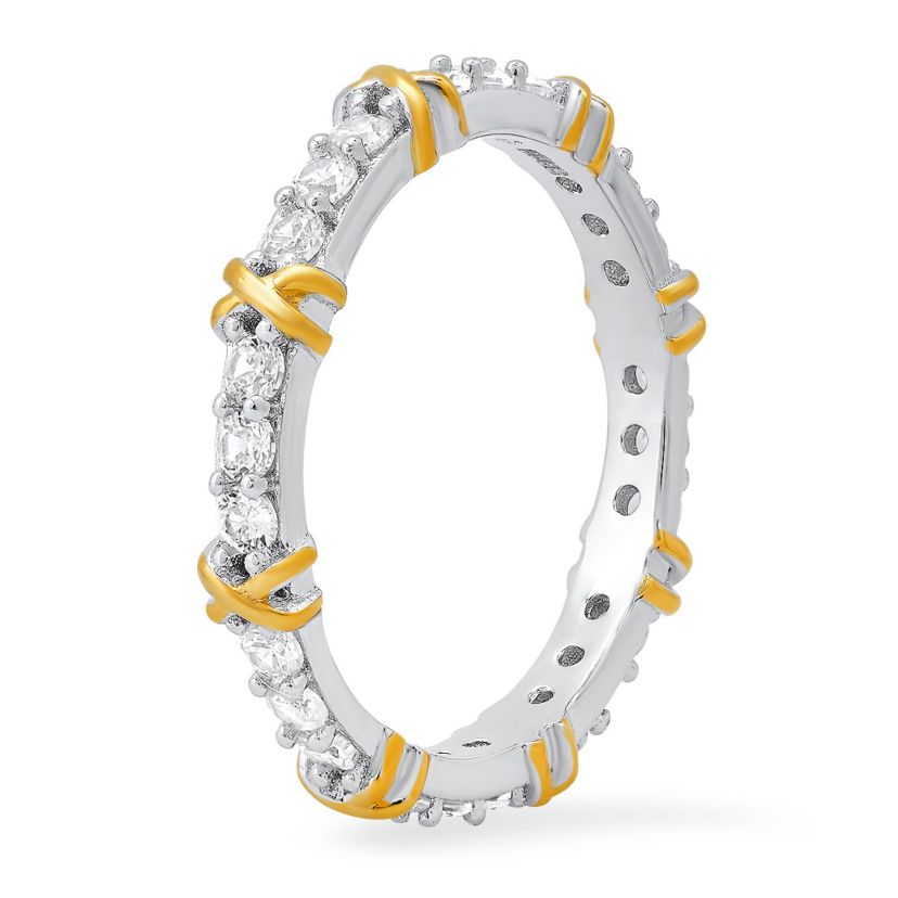 Lab Created Sterling Silver Two-Tone Round-cut CZ "X" Stackable Eternity Band Ring