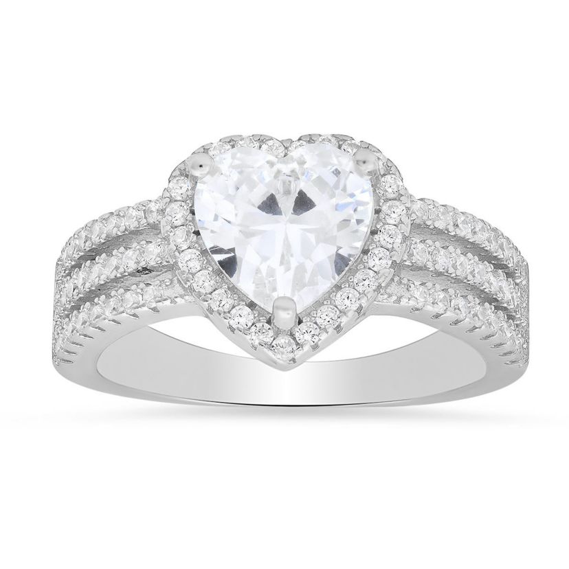 Lab Created Sterling Silver Heart-cut CZ Halo Ring