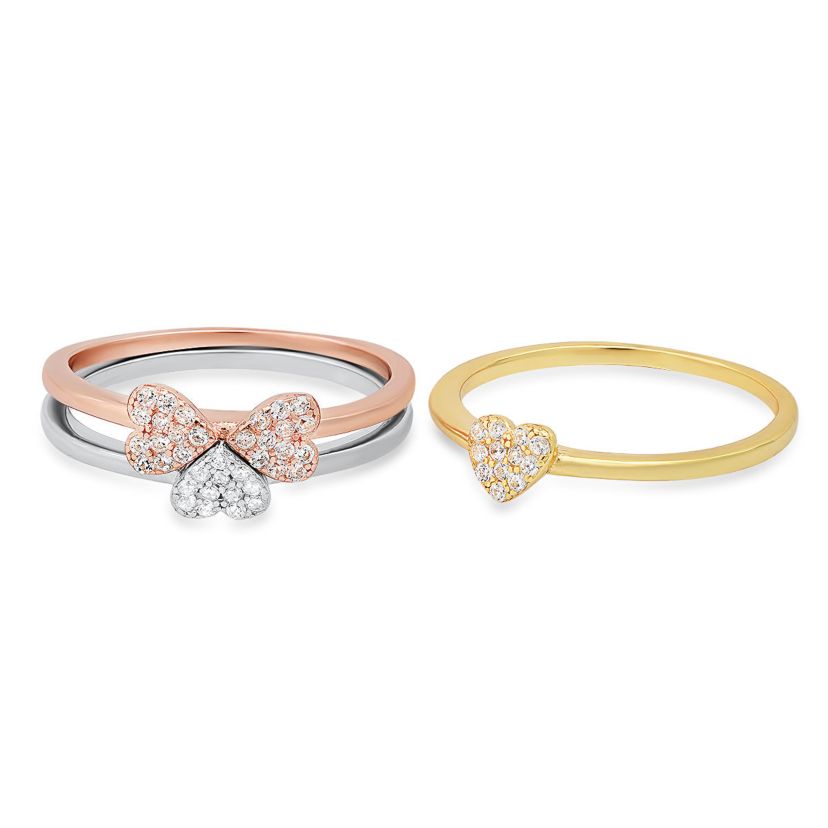 Lab Created Sterling Silver Tri-Color 3pc Stackable Heart Ring Set