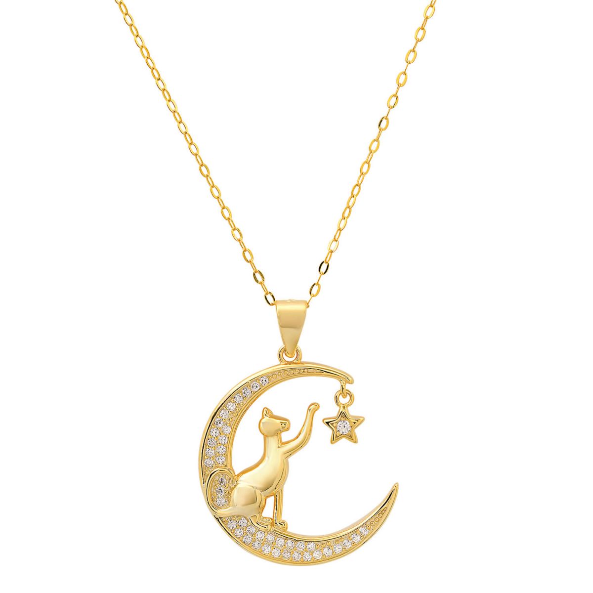 Sterling Silver Playful Kitty Cat Celestial CZ Pendant Necklace