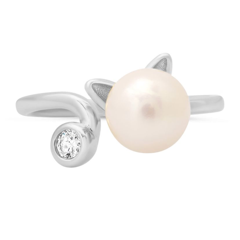 Sterling Silver Kitty Cat Genuine Pearl & CZ Ring