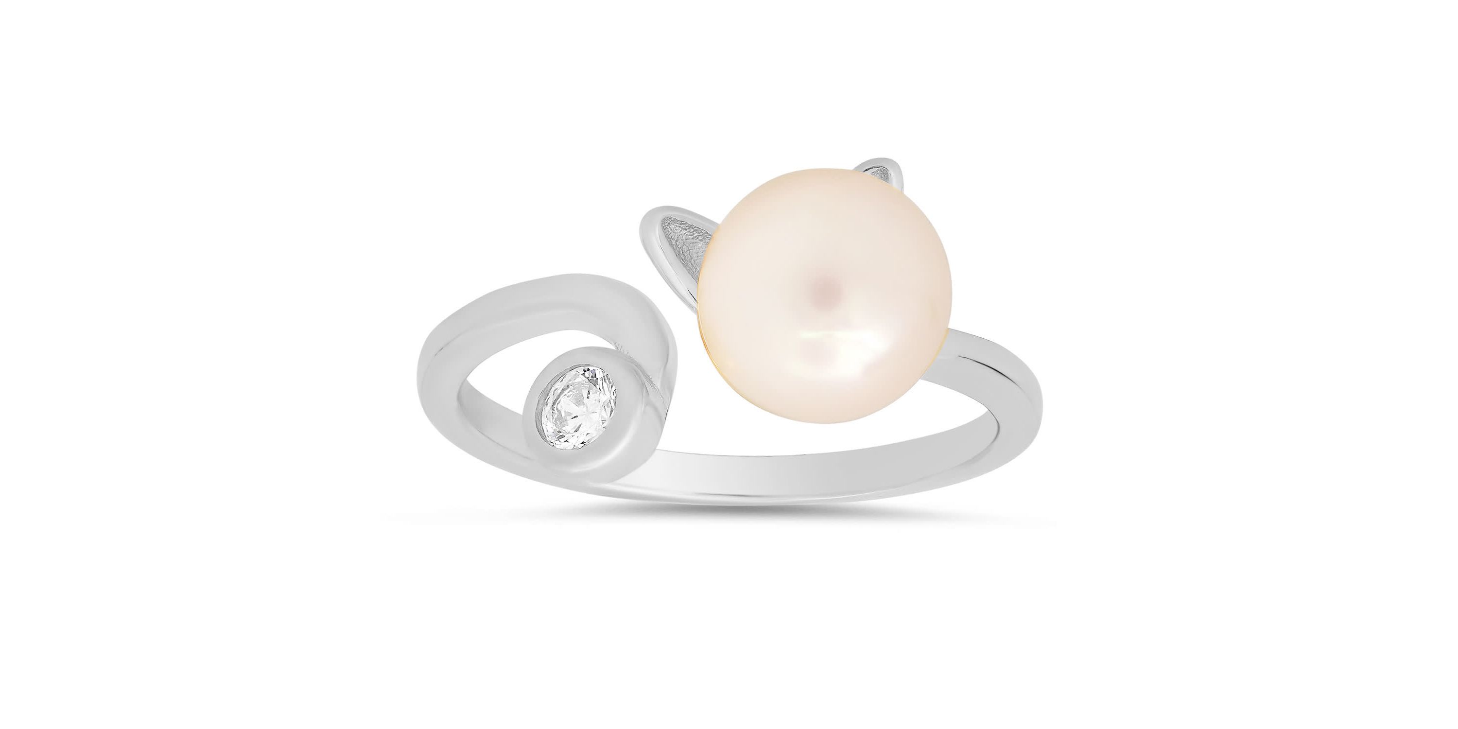 Sterling Silver Kitty Cat Genuine Pearl & CZ Ring
